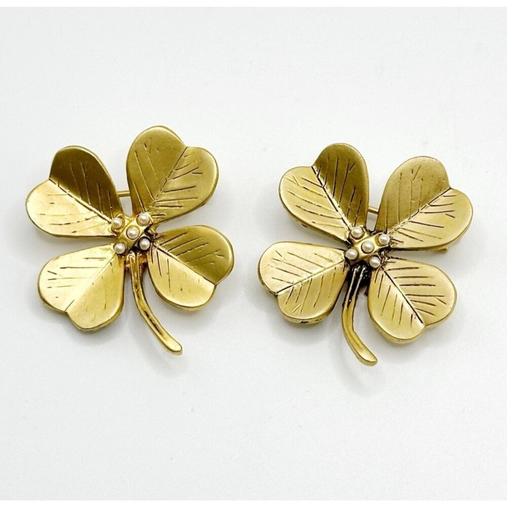 Pair Of Danecraft Gold Toned Metal 4 Leaf Clover Shamrock‎ Pins Brooches